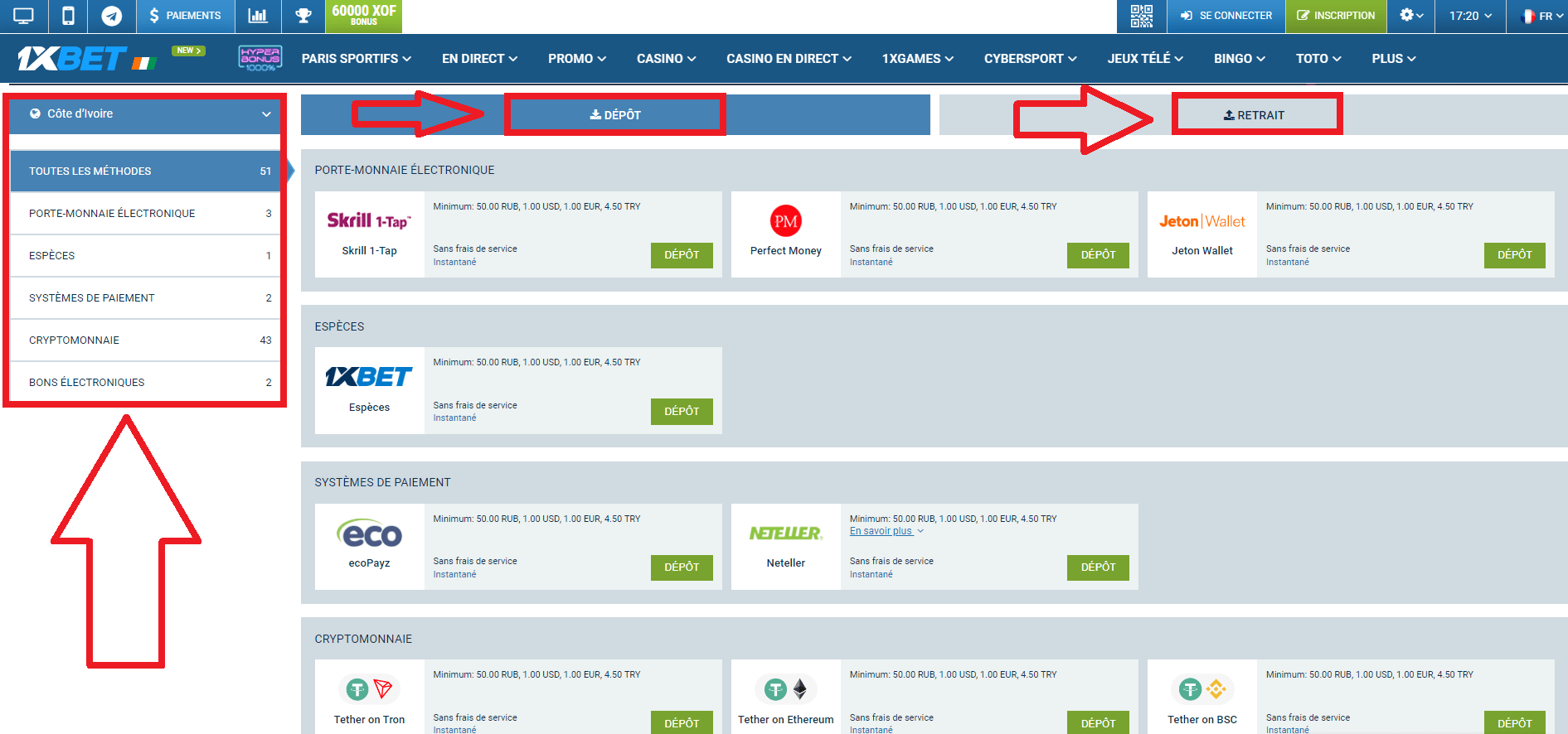 Instructions pour les transactions financières 1xBet